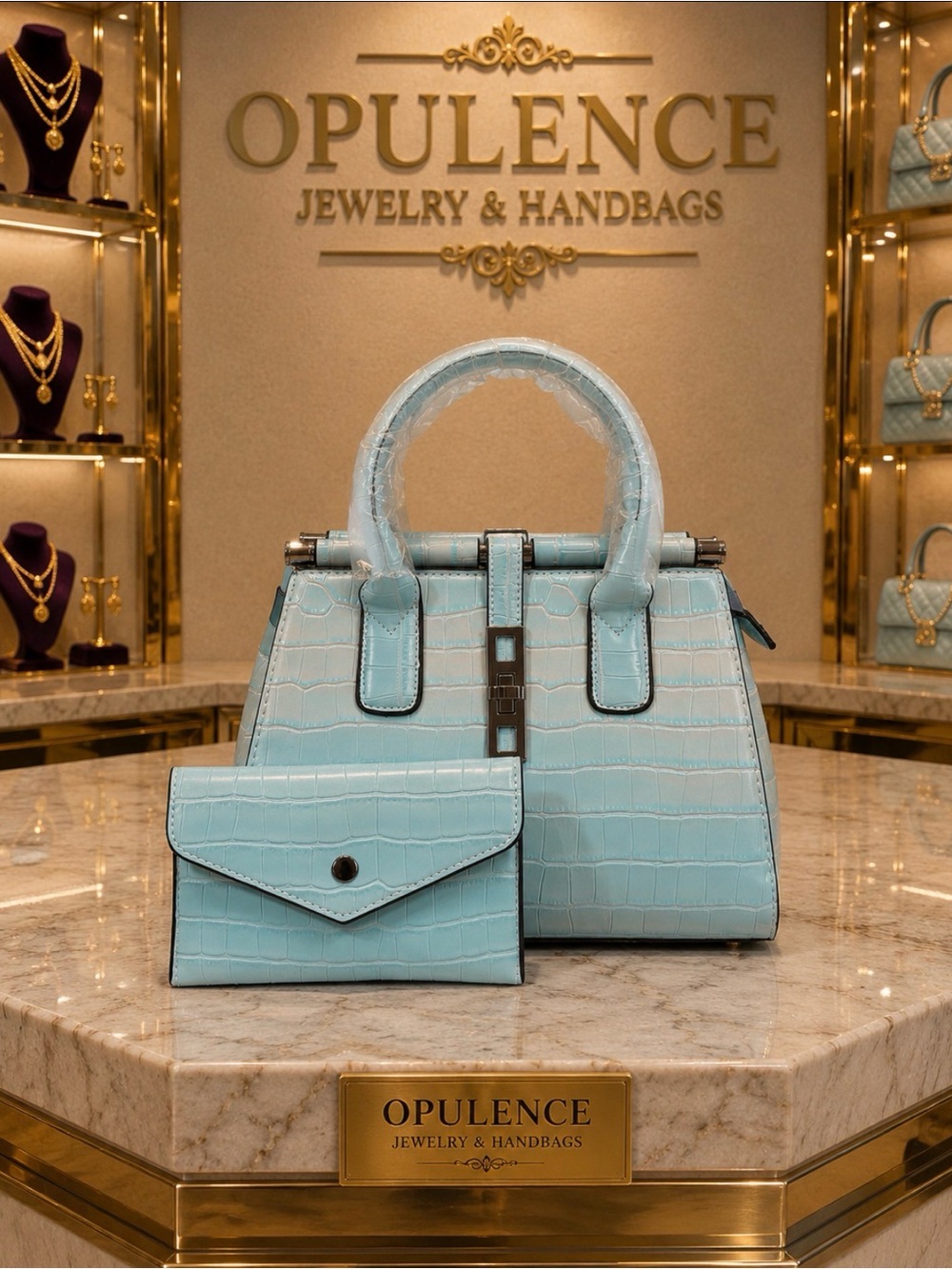 Ski Blue Croc-Embossed Top-Handle Bag with Matching Wallet